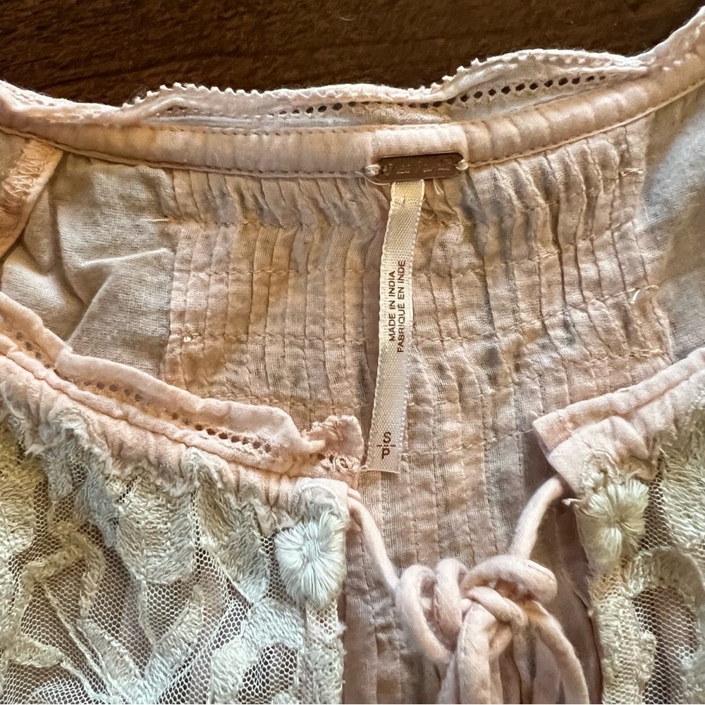 Free People Pale Peach Embroidered Lightweight Cotton Peasant Blouse - Picture 12 of 16